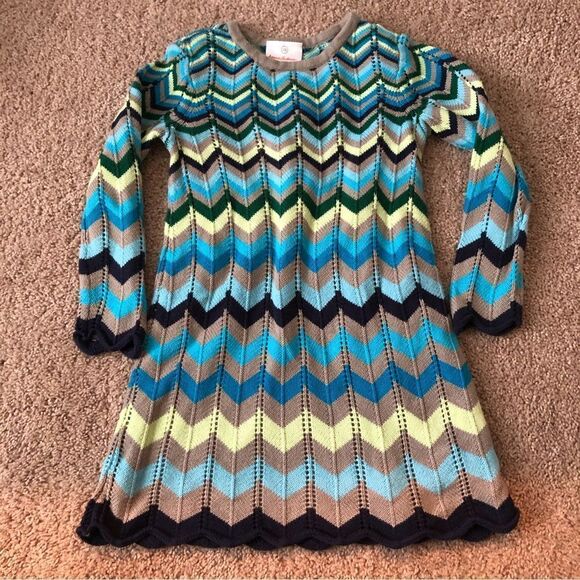 Hanna Andersson Dress‎ Girls 4T Blue Multicolor Long Sleeve Sweater Zigzag Knit - Picture 1 of 6